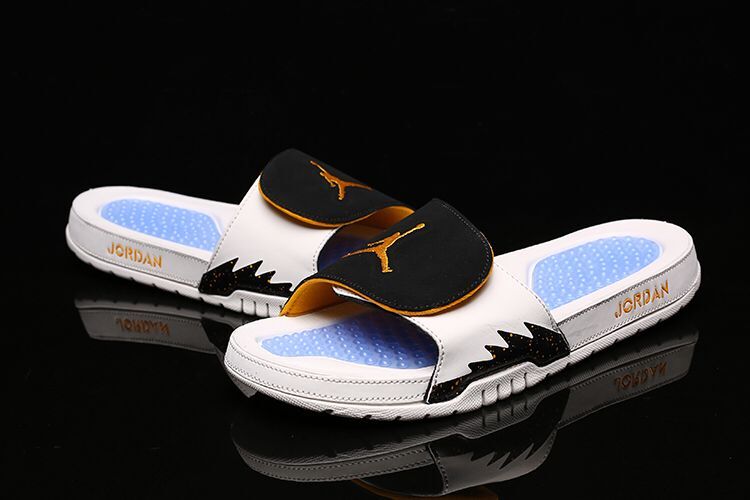 Air Jordan Hydro V Retro Velcro Black Gold White Blue - Click Image to Close